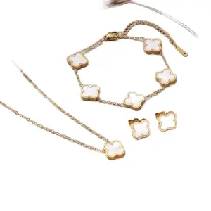 Lucky Charm Clover Set - Gold Plated Necklace Bracelet & Earrings Set with White Enamel Clover Charms