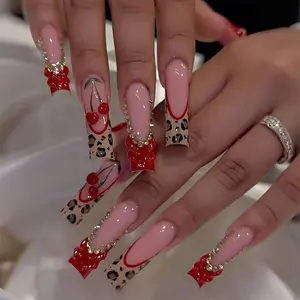 Girl's Long Ballerina Press-On Nails, Leopard French Tip, Summer Cherry Rhinestone Design, Perfect for Dates and Parties