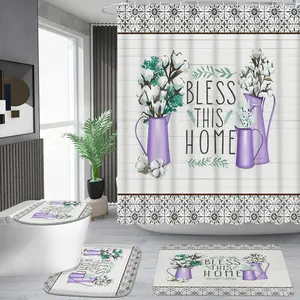 1/4 piece geometric lace blessing pattern shower curtain set, waterproof shower curtain with 12 hooks, non-slip bathroom carpet, toilet U-shaped cushion, toilet seat cover cushion, bathroom shower curtain set, perfect moving gift.
