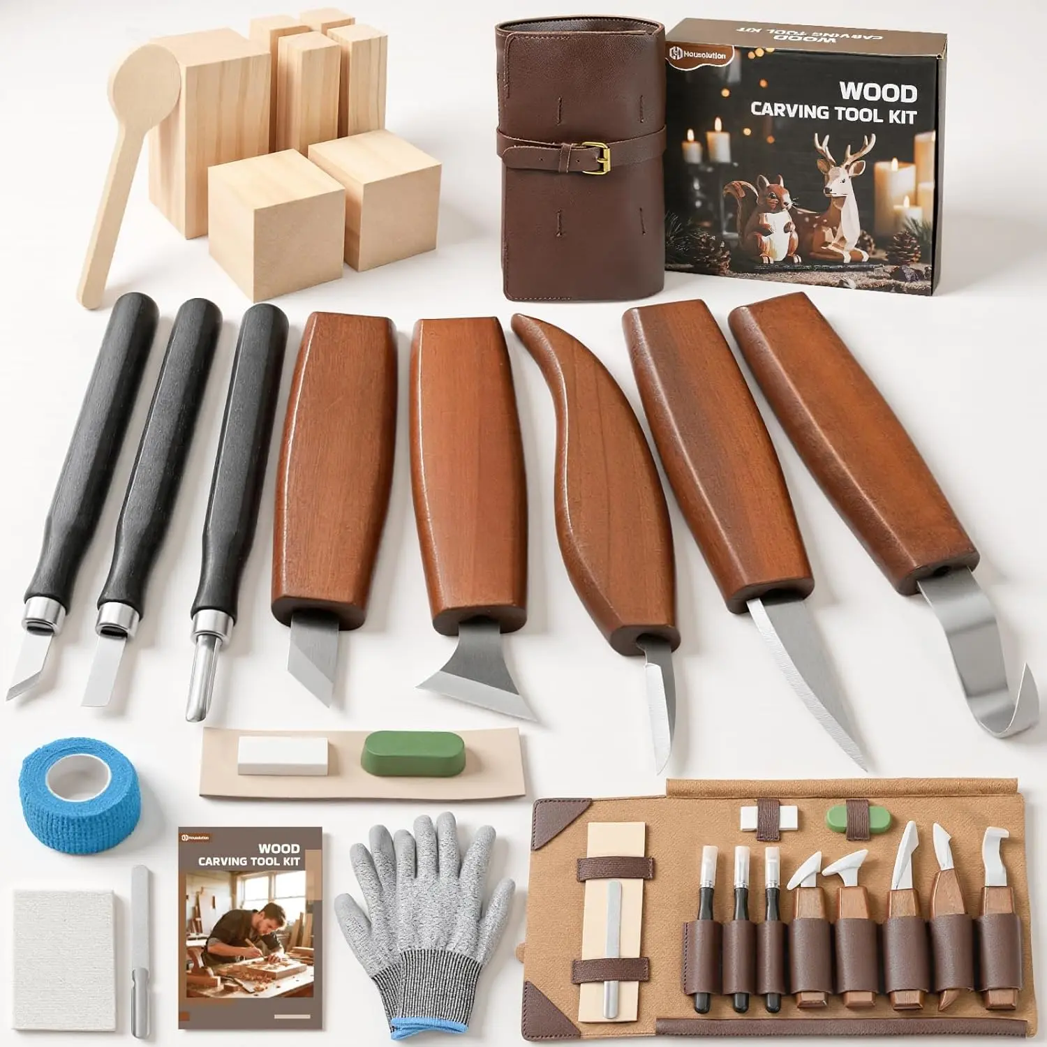 Housolution 24PCS Wood Carving Hand Tools Set with Leather Case - Carving Knives, Chisels, Basswood Blocks, Spoon, Gloves for Beginners' Christmas, Thanksgiving DIY Home Projects & Gifting to Friends, Family