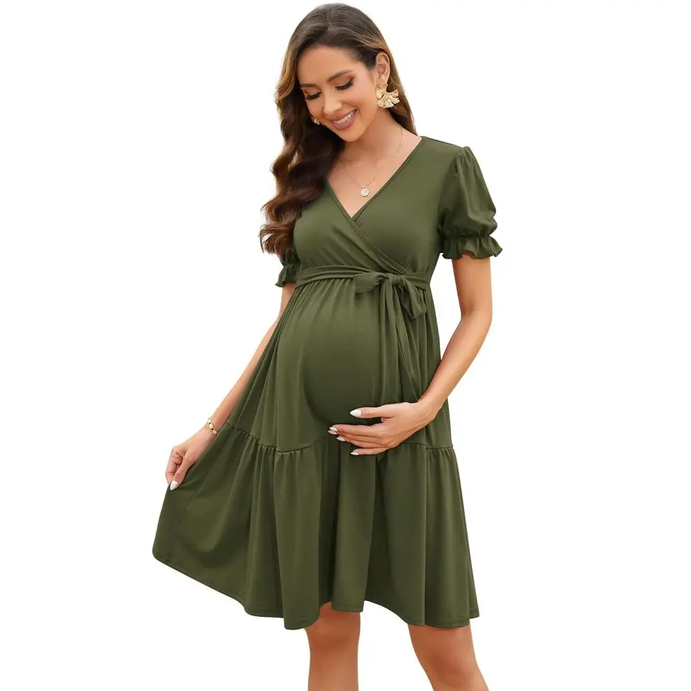 Women's Maternity Wrap Dress V Neck Puff Sleeve Tie Waist Pregnancy Comfortable Stretchy Summer Army green XL