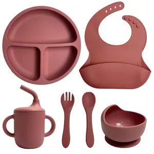 6pcs Silicone Baby Feeding Set Baby LED Weaning Supplies Eating Essentials Utensils with Suction Plate And Bowl Pocket Bib Sippy Cup with Lid Forks Spoons Snack Container