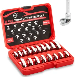 AKM 3/8" Drive Crowfoot Wrench Set, 18-Piece Cr-v Flare Nut Wrench Set, 6 Point Flare Nut Crowfoot, Fully Polished Clear Mark SAE 3/8"-7/8" & Metric 10-22mm with Organizer Box