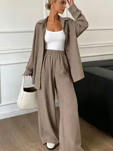Two piece set of women's fashionable, high-end, relaxed, Casual, plain textured long sleeved shirt+high waist wide leg pants set, suitable for all seasons, suitable for short trips, exploring stores, shopping, daily home, workplace, commuting