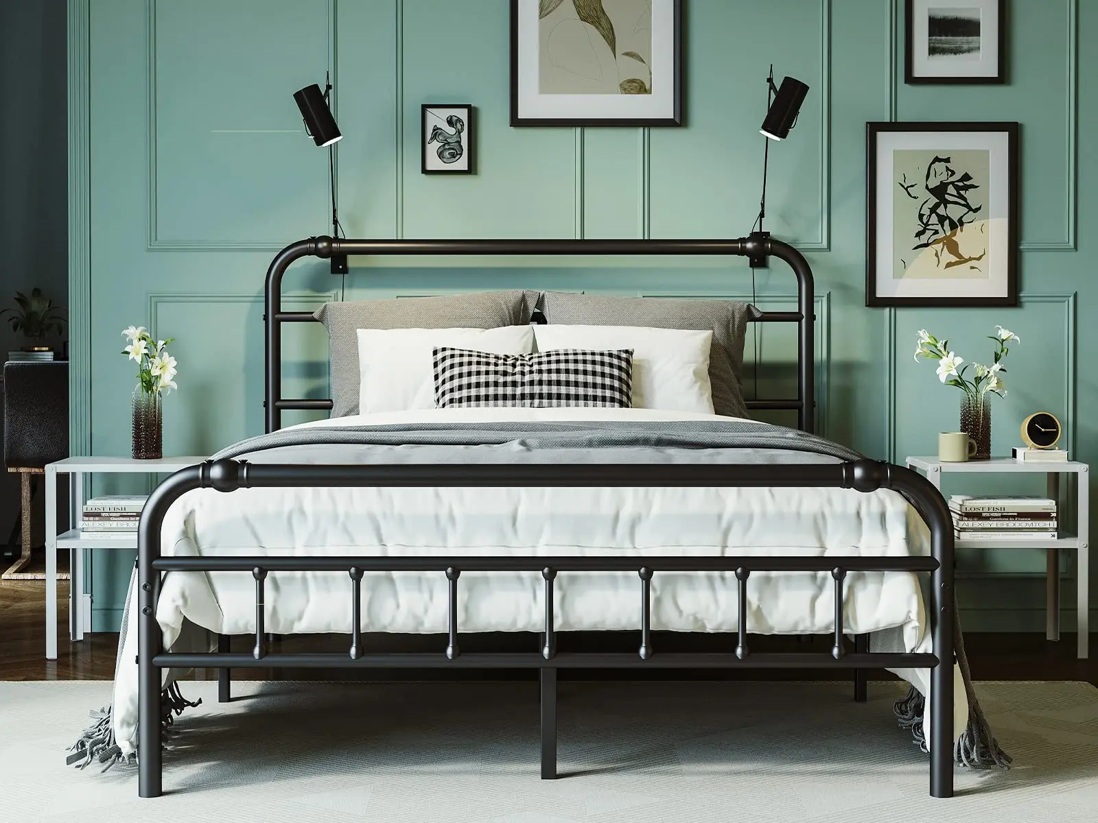 Aardhen King Size Metal Bed Frame Set with Headboard, 18" High Heavy-Duty Steel Slat Platform, 3500lbs Support, Non-Slip, Noise-Free, No Box Spring Needed, Powder Coated Iron Frame for Heavy Duty Use, Black, King Size Bed Frame Set, Metal Bed Frames