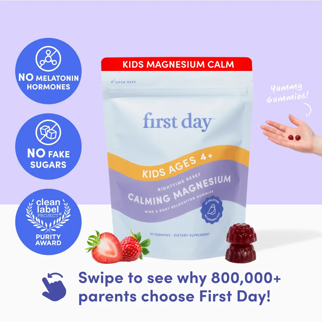First Day Kids Calming Magnesium Gummies Ages 4-12, Natural Strawberry Flavor — Magnesium Citrate, Suntheanine — Calm, Relaxation, Restful Sleep, Stress Relief — No Melatonin, 30-Day Supply, Vegan, Non-GMO, No Junk