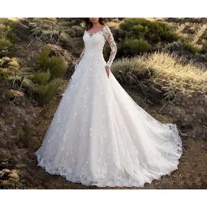 Women's Long Sleeve Sheer Lace Bridal Wedding Dress