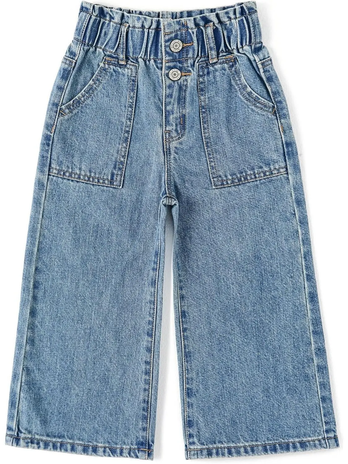 Kidscool Space Girls' Plain Lightwash Cotton Blend Wide Leg Jeans - 2-5t Toddlers, Pleated Elastic Paperbag Waistband, D-Ring Belt Loops, Slant Pockets, Button, Casual Utility Style, Relaxed Regular Fit, Back to School Haul, Photos, Everyday Outfits
