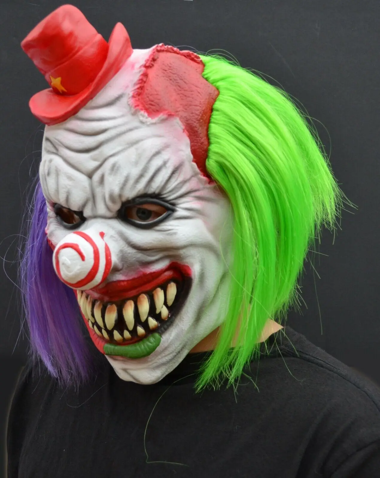 Creepy Halloween Killer Clown Mask - Latex Jokester Psycho Clown with Green & Purple Hair Perfect for Costume Parties & Carnivals - Box