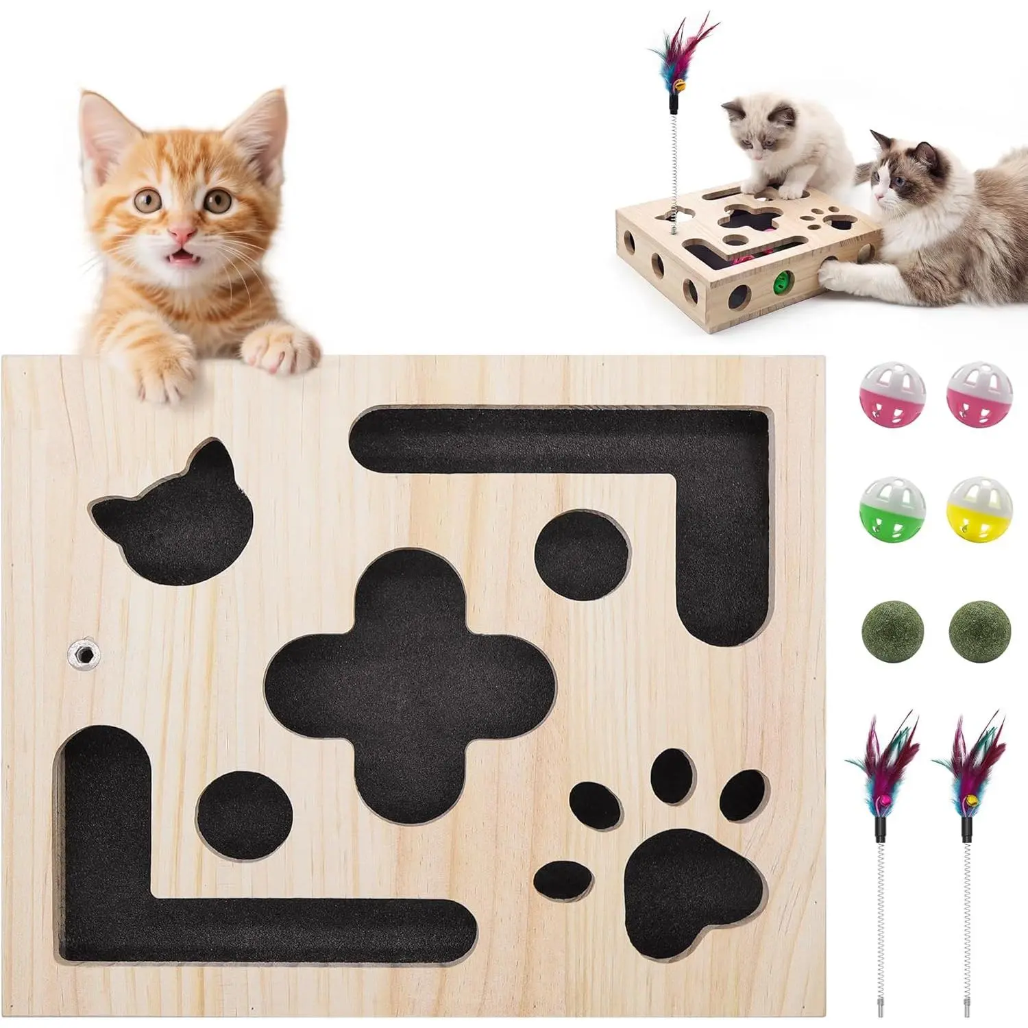Cat Toys for Indoor Cats - Cat Nail File Box with Interactive Cat Toys, 2026 Upgraded Cat Puzzle Feeder Scratch Puzzle Toy for Indoor Cats, Natural Claw Care with 2 Wand Toys&Catnip Ball&4 Bell Ball