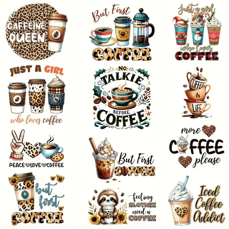 12 Coffee Theme Heat Transfer Vinyl Stickers Multi Color Vinyl Decals for DIY T Shirt Pillow Crafts Coffee Bar Accessories Handmade Durable