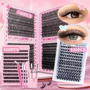120/160/740 piece DIY eyelashes extension set, single false eyelash cluster, 9-16mm mixed 30D, 40D, 50D with eyelash glue and tweezers, reusable, easy to apply, suitable for beginners and daily wear - low allergenicity