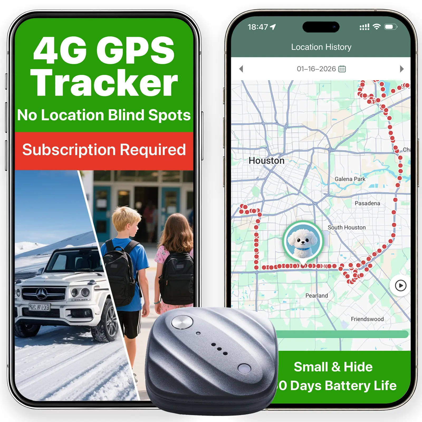 GPS Tracker Works with 4G LTE&Apple Find My, Real-time Location Tracker Supports iOS&Android for Kids Dogs Vehicles Valuables, Compact Portable, Space Gray, Subscription Required