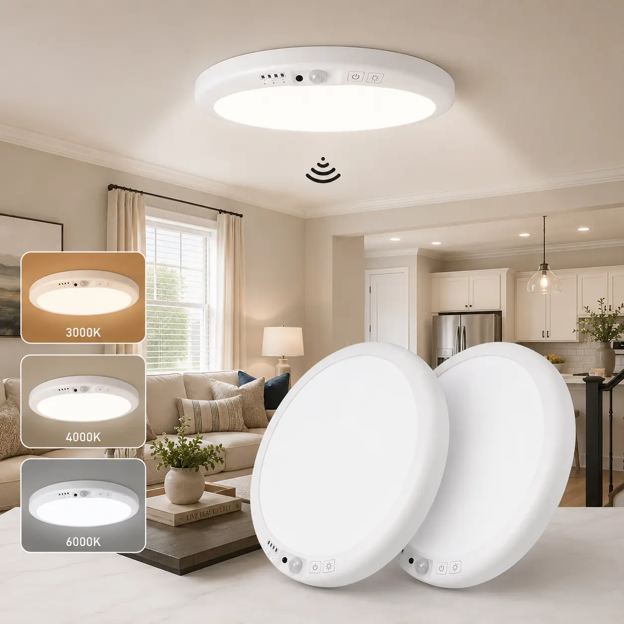 2-Pack Rechargeable Magnetic Ceiling Light, Wireless Battery-Operated LED Ceiling Light with Remote, Motion Sensor, 3 Color Modes, for Shower, Closet, Hallway, Pantry, Garage
