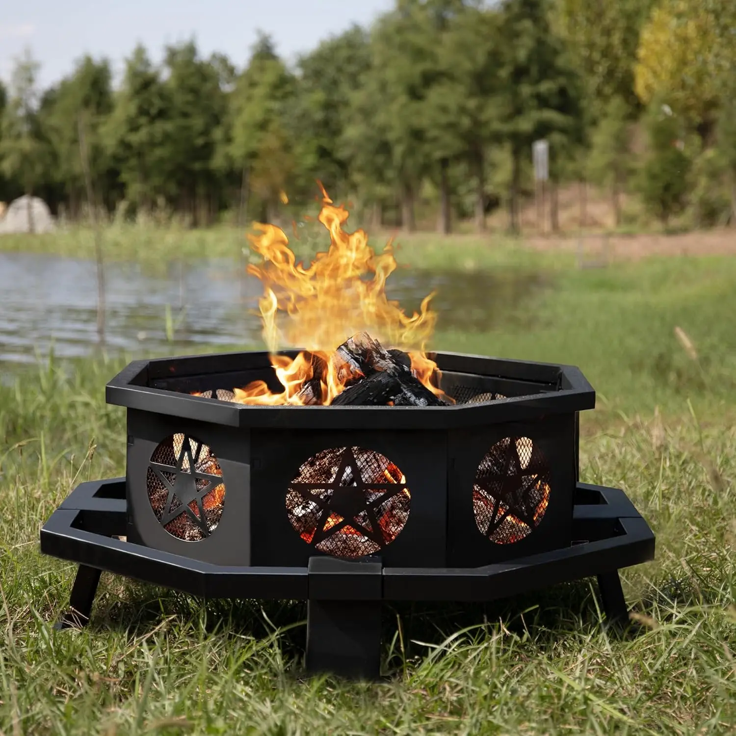 Outvue 42-Inch Octagonal Outdoor Fire Pit, Heavy-Duty Wood-Burning Firepit with Star Vents for Efficient Burn, Ideal for Backyard Garden Patio Camping