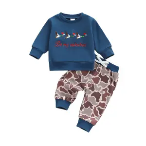 FOCUSNORM Toddler Baby Boy Valentines Outfit Mallard Duck Heart Sweatshirt Camouflage Pants Set Boys Spring Fall Clothes