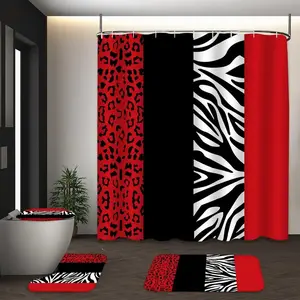1/4-piece set: Zebra and leopard print bathroom shower curtain and mat set, includes 12 hooks, non-slip bathroom mat, non-slip toilet U-shaped mat, toilet seat cover, bathroom partition, modern home decor, Shower Curtain Sets