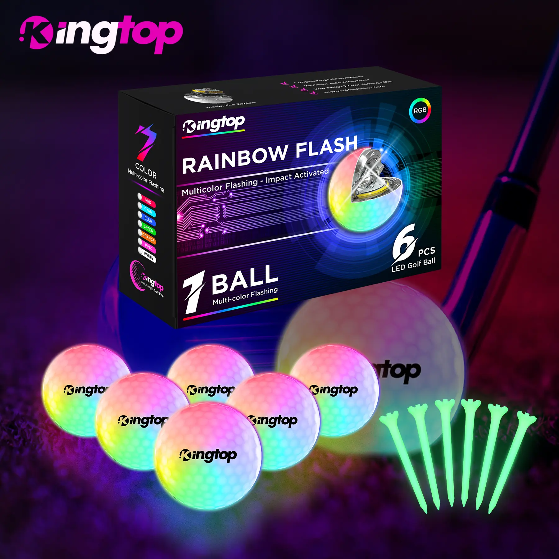 KINGTOP Glow in the Dark LED Golf Ball, Multicolor Flashing Golf Ball, Light up Backyard Putting Green,rainbow golf ball, 10-Minute Reset Timer - With Glow Tees and Organizer Bag for Night Golf