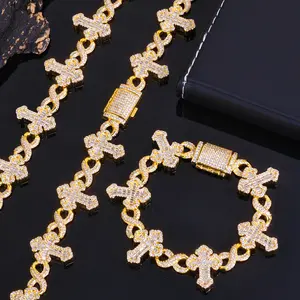 European and American Hip-Hop 15mm 8-Shaped Chain Mixed Inlay T Square Cross Necklace for Men Men's Bracelet