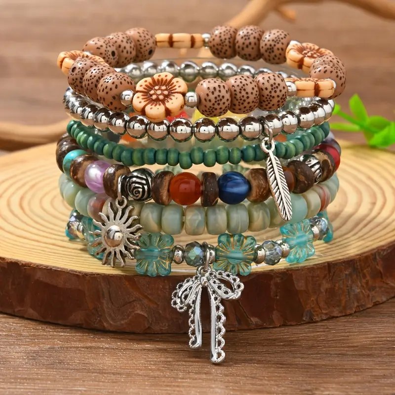 Beaded Bracelet Set for Women, 6-Piece Alloy Chain & Mixed Beads with Bow, Feather & Sun Pendants for Everyday Wear and a Stacked Look, Bracelet Stacking, Casual, 6-Pieces, Stacking Set, Wrist Stack