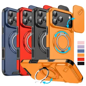 Magnetic Slide Camera Cover Case for iPhone 17/16 Pro Max/15/14/13/12, 360° Metal Ring Stand Bracket, Car Mount Compatible, Military-Test Drop-Proof Shockproof Protective Casing, Smartphone Cellphone Accessories summerwins