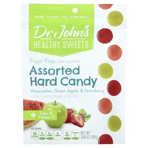 Dr. John's Healthy Sweets Assorted Hard Candy, + Fiber & Vitamin C, Watermelon, Green Apple, & Strawberry, 3.85 oz (109 g)