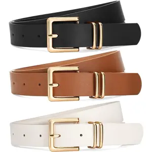 3 PACK Women Leather Belts for Jeans Pants Dresses Fashion Ladies Waist Belt with Gold Square Buckle