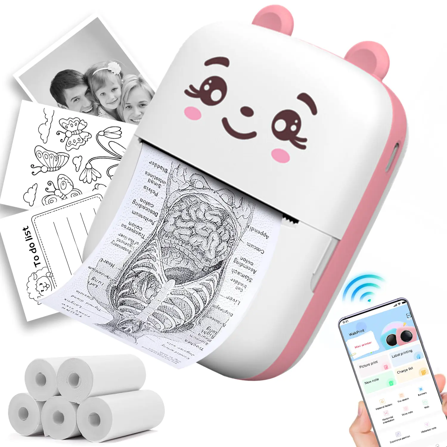 Pocket Mini Printer, Portable Printer with 5 Rolls Printing Paper for iOS Android Smartphone, Label Receipt Sticker Photo List Notes Inkless Printing Gift, Pink