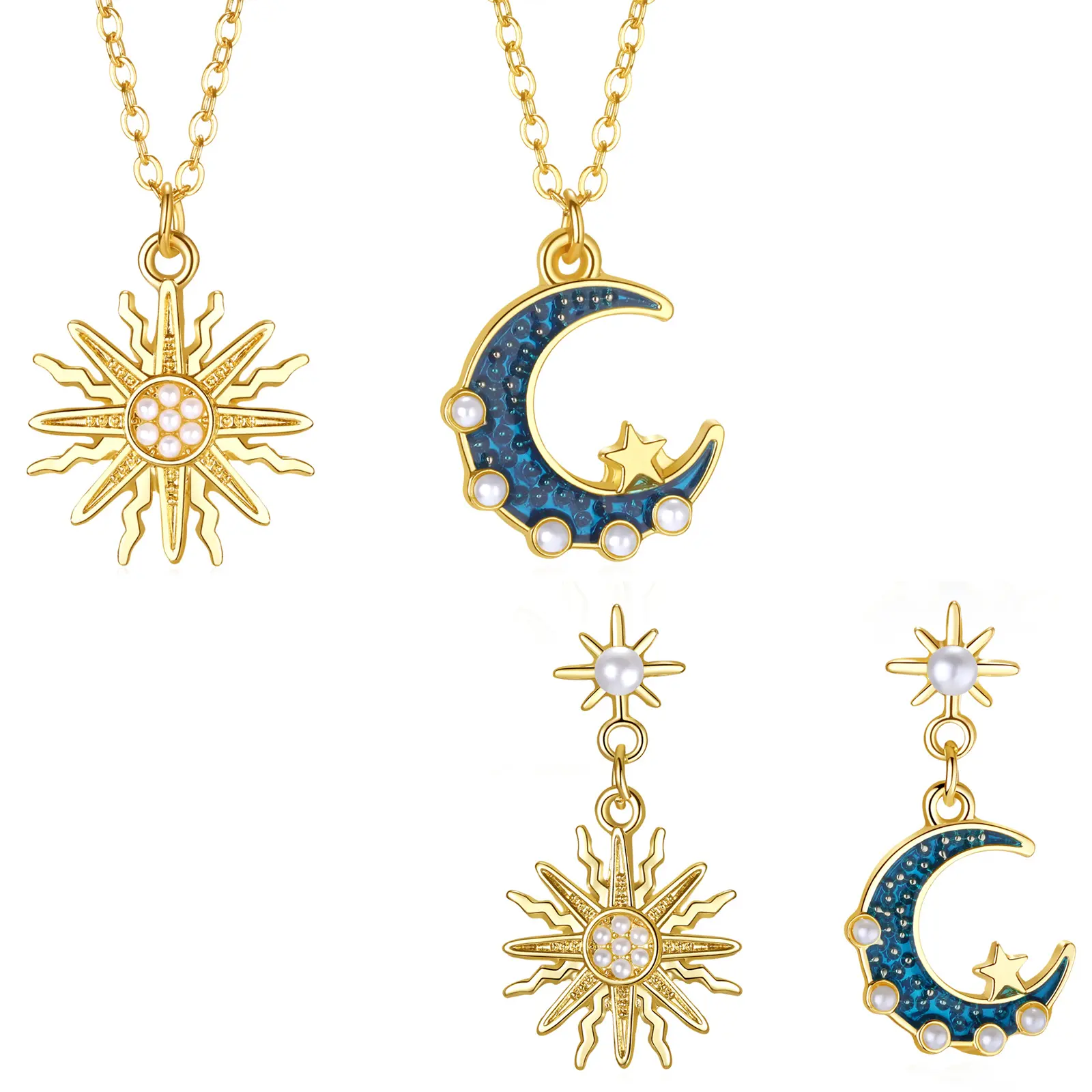 OIDEA Boho Jewelry Set for Women, 3-Piece Gold Tone Sun, Moon & Stars Layered Necklaces and Earrings with Artificial Pearls, Lightweight for Daily Wear, Alloy, Everyday