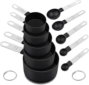 Measuring Cups and Spoons Set - 10 Pieces Nesting Measure Tools with Stainless Steel Handle for Dry & Liquid Ingredients, Black Kitchen Utensils