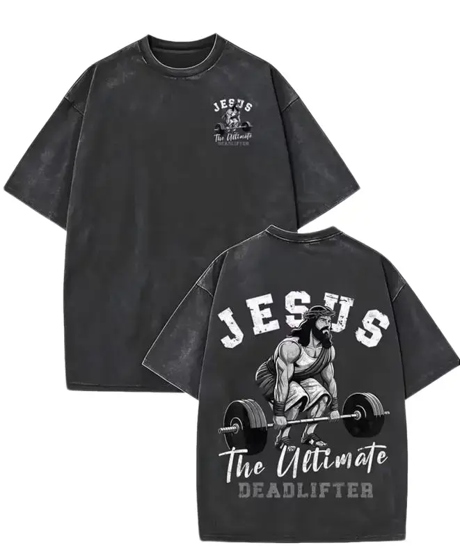 Women's "Jesus: The Ultimate Deadlifter" Print Tee, 100% Cotton Washed, Short-Sleeve, Round Neck, Fitted, Distressed Streetwear Casual Top, Summervibes Black summerwins,summerwins,summeroutfits,vacationoutfits,beachoutfits