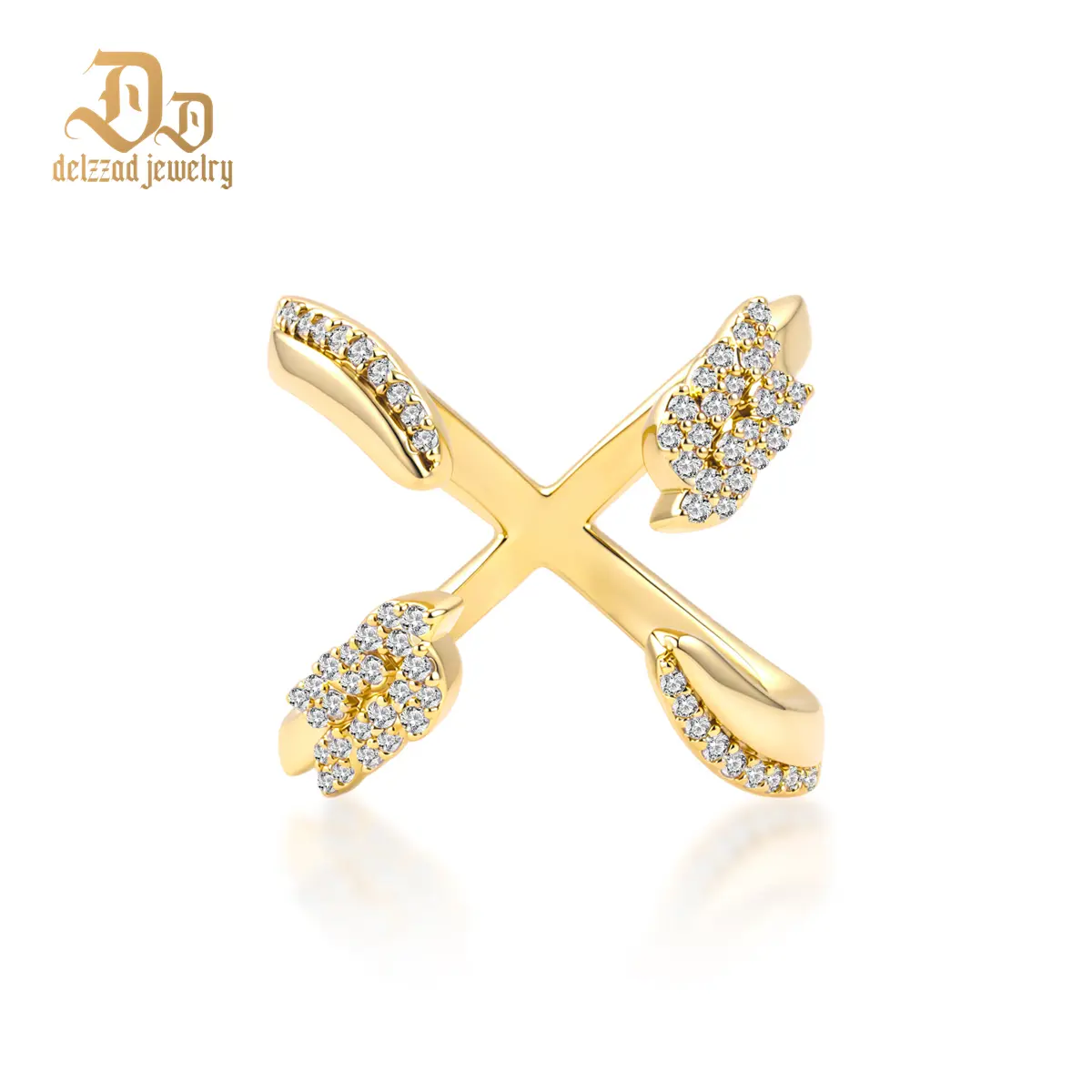 Delzzad 14K Gold-Plated 0.4ct The Cross-Wing Band Adjustable Open Crossover X Ring Synthetic Moissanite Ring Jewelry Copper Band Perfect Birthday Engagement Wedding Anniversary Christmas Valentine's Day Mother's Day Gift