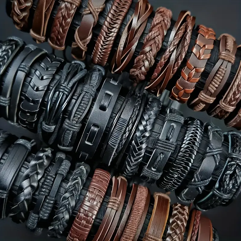 20Pcs Hand-Woven PU Leather Bracelets, Adjustable Bangle Bangle Bracelet Set, Men's Bangle Bangle Bracelet Set, Halloween and Christmas Gift