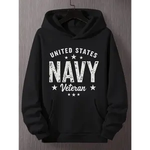 UNITED STATES NAVY Veteran Men's  Hoodie - Black Distressed Graphic Print with Stars, Relaxed Fit Casual Pullover, Machine Washable Hooded Sweatshirt for Navy Veterans,
