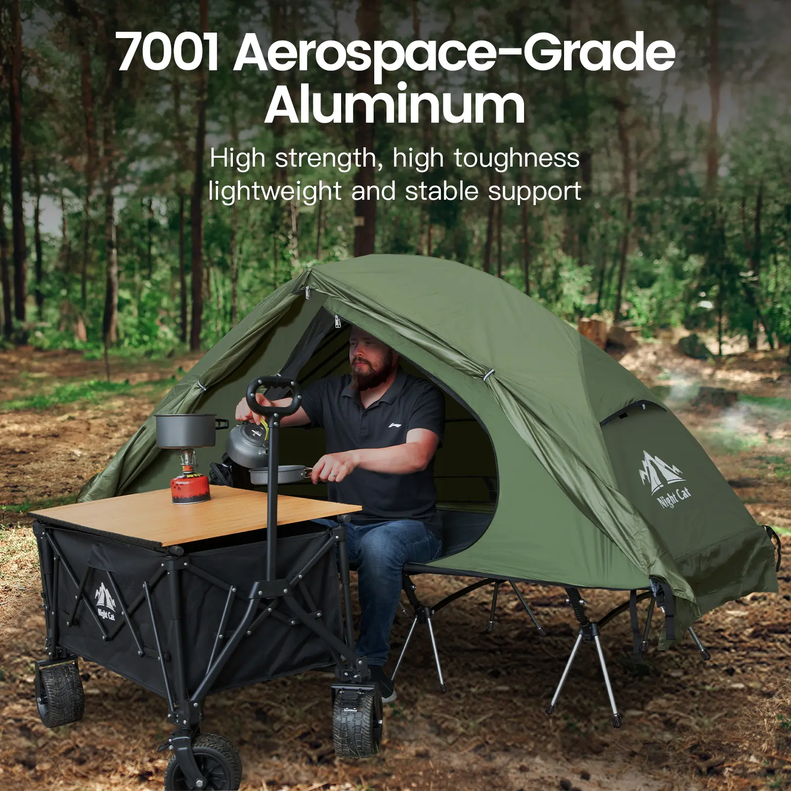 Night Cat Single-Person Outdoor Camping Cot Tent - 600D Oxford Fabric, Abrasion-Resistant, Waterproof, Windproof, Aluminum Alloy Sturdy Anti-Roll Frame, Portable Mosquito Net, 87"x28"x35" Extra Long Off-Ground Bed, Easy Setup for Camping, Riverside Use, W