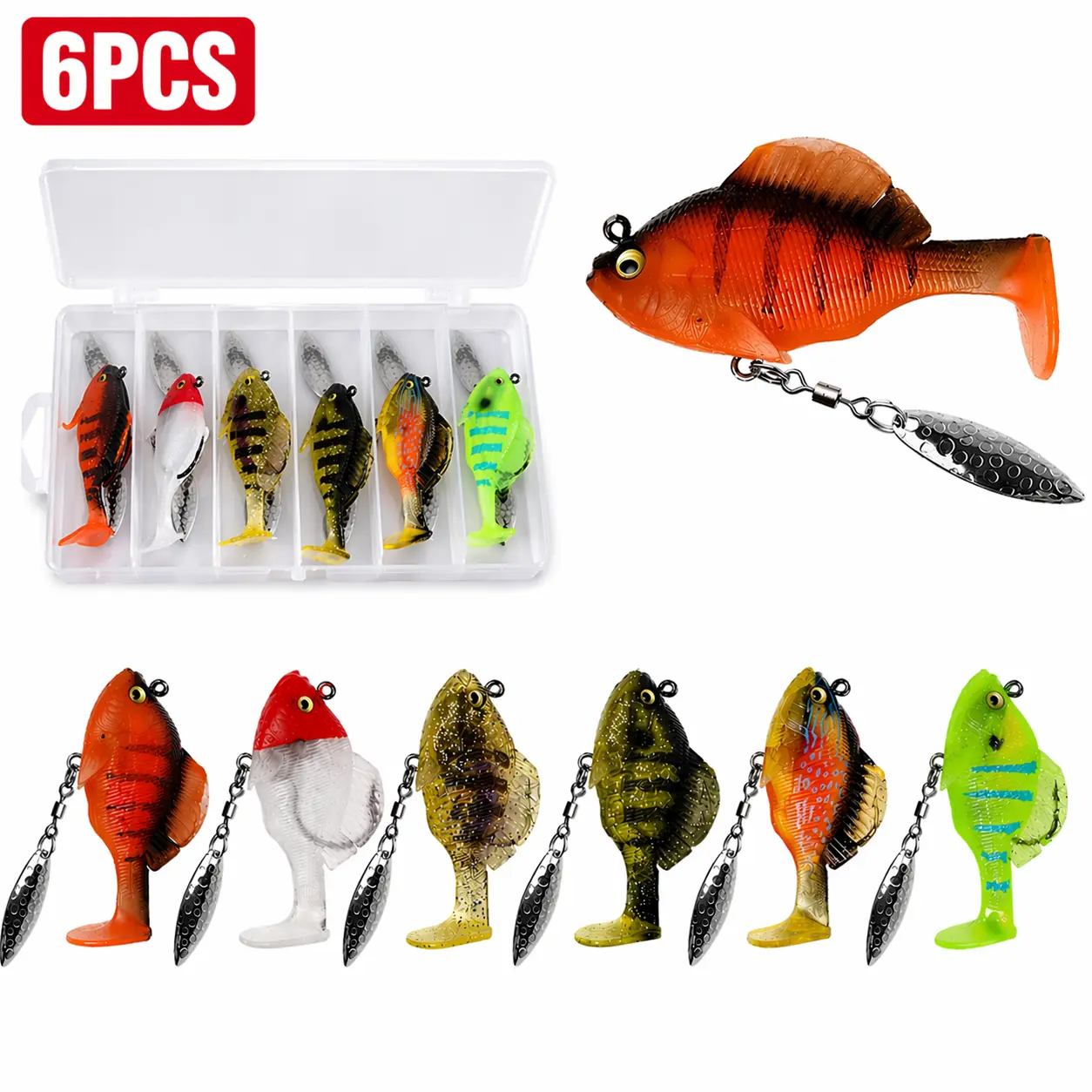 6PCS Soft Fishing Lures Set with Spinner Blade, T-Tail Swimbaits in Tackle Box for Bass, Trout, Crappie and Freshwater Fishing