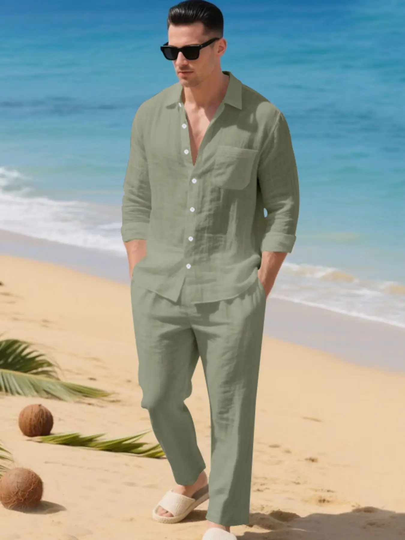 Men's Two-Piece Set, Casual Button-Front Long Sleeve Shirt & Drawstring Pants, Breathable Loose-Fit Clothes for Home & Vacation, Pants Set Outfit, Menswear