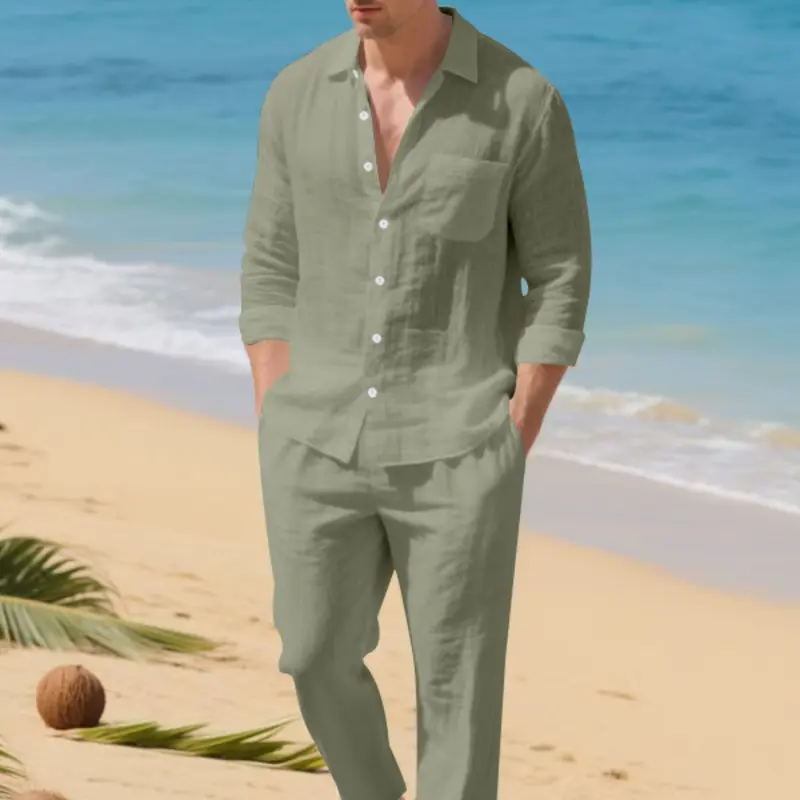 Men's Two-Piece Set, Casual Button-Front Long Sleeve Shirt & Drawstring Pants, Breathable Loose-Fit Clothes for Home & Vacation, Menswear, Casual Clothing Set