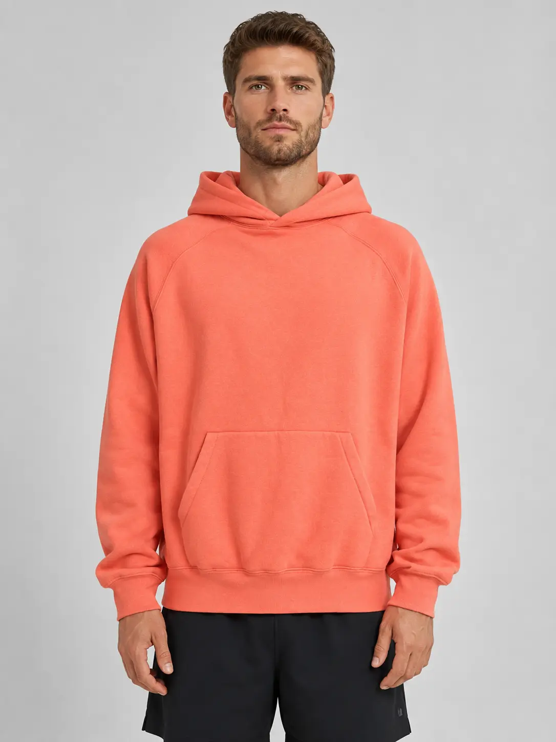 Men's Casual Fleece Hoodie in Coral, Loose Fit Streetwear Pullover with Front Pocket, Soft Cotton Top for Everyday Wear, With Hood, Extra Comfy, Streetwear Ease, Jeans/Shorts Ready