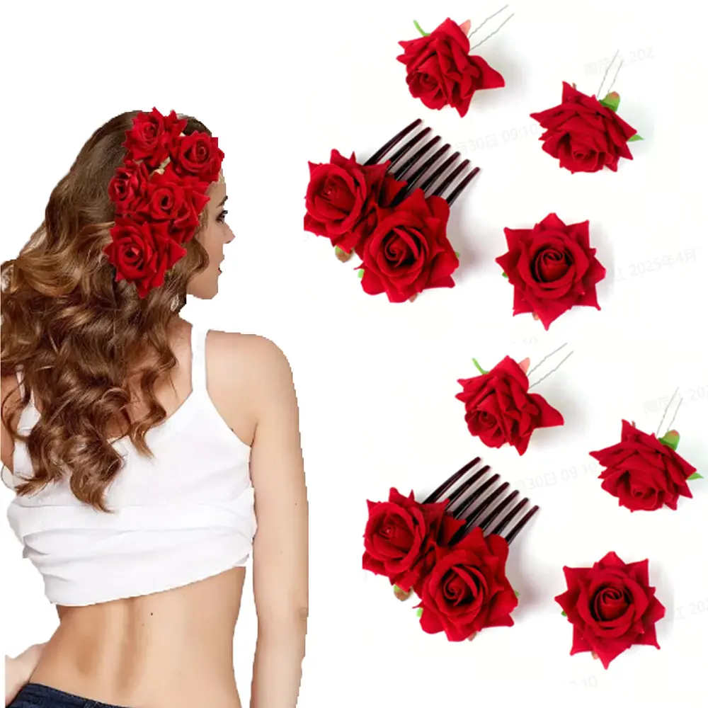 8 PCS Rose Flower Hair Clip Big Rose Brooch Floral Clips Mexican Flower Hair Accessories for Woman Flamenco Dancer Bridal Party Wedding