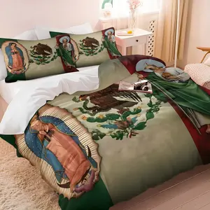 2/3PCS Our Lady of Guadalupe & Mexican Flag Duvet Cover Set, Saint Jude Comforter Cover, Cozy Soft Microfiber Printed Bedding Set (No Filler), Religious Theme Patriotic Print Bed Set for Mexican Heritage, Bedroom & Dorm Decor