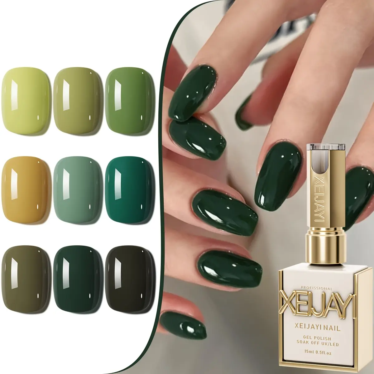 XEIJAYI Photo Frame Bottle Forest Green 9-Color Set — New Trendy Green Nail Gel for Autumn/Winter, High Saturation LED UV Gel, Long-Lasting and Durable, Brightens Complexion, Ideal for Salon Manicure, Christmas Gifts, and DIY Nails, Nail Polish, Polish