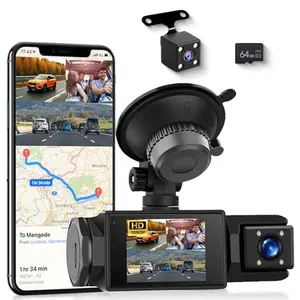 360 Degree View 3 Channel Dash Cam,IPS 1080P Dash Camera for Cars, Built-in GPS WiFi Night Vision,Motion Detection Monitor, Free 64G Card DVR,4IR Night Vision,Loop Recording