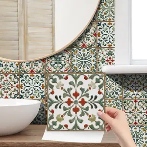 24pcs Classic Art Floral Brick Pattern Wall Stickers, Patchwork Design, Self-Adhesive Waterproof Oilproof Removable Decorative Tiles, Flowers
