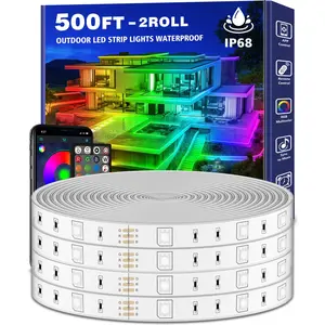 500 Feet Outdoor LED Light Bar Waterproof, Outdoor LED Light Bar Waterproof, with Application Program and Remote Control, Music Synchronization RGB Outdoor LED Rope Light, Attached with Self-Adhesive Back, Suitable for Roof, Terrace, Balcony,