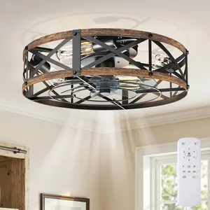 Farmhouse Flush Mount Caged Ceiling Fans with Lights, 6 Speeds, Rustic Low Profile Ceiling Fan with Light and Remote, Small Bladeless Ceiling Fans with Lights for Kitchen, Bedroom