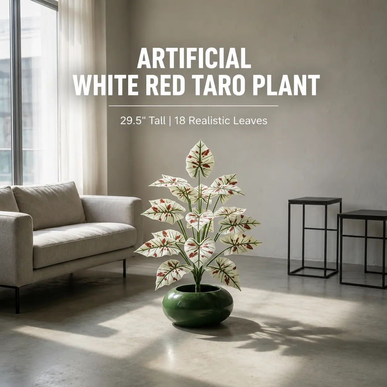 Artificial White Red Taro Plant 18 Heads 29.5in - Lifelike Faux Foliage | No Maintenance Decorative Leaves for Home Office Indoor Outdoor Decor
