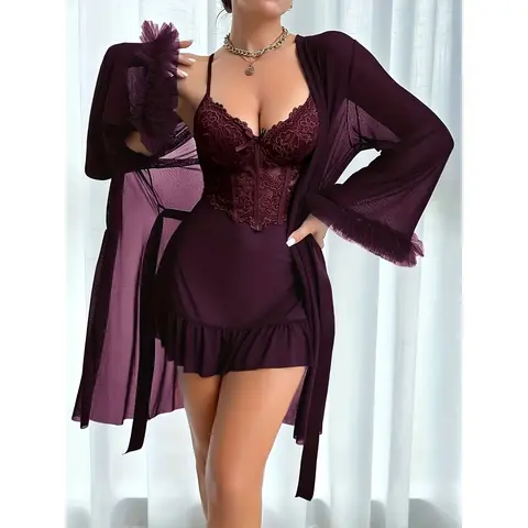 Women's 2-Piece Silky Lingerie Set - Breathable Lightweight Fabric, Adjustable Suspenders, Elegant Cami, Sheer Lace Bottom, Matching Romantic Loungewear for Valentine's Day