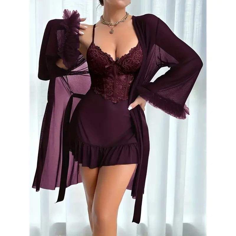 Women's 2-Piece Silky Lingerie Set - Breathable Lightweight Fabric, Adjustable Suspenders, Elegant Cami, Sheer Lace Bottom, Matching Romantic Loungewear for Valentine's Day