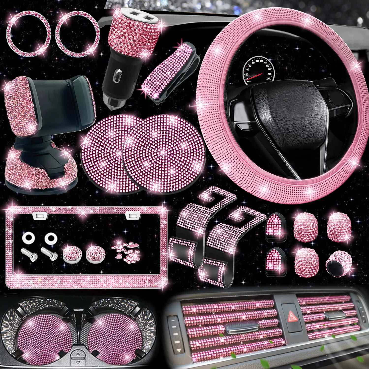 NBTEPEM 27-Piece Pink Rhinestone Bling Girly Car Interior Set, Women’s Cute Car Ornament & Decorative Accessories, Luxury Design, Easy Installation, Exquisite Gift, Universal Fit, Girly Car Interior Sets